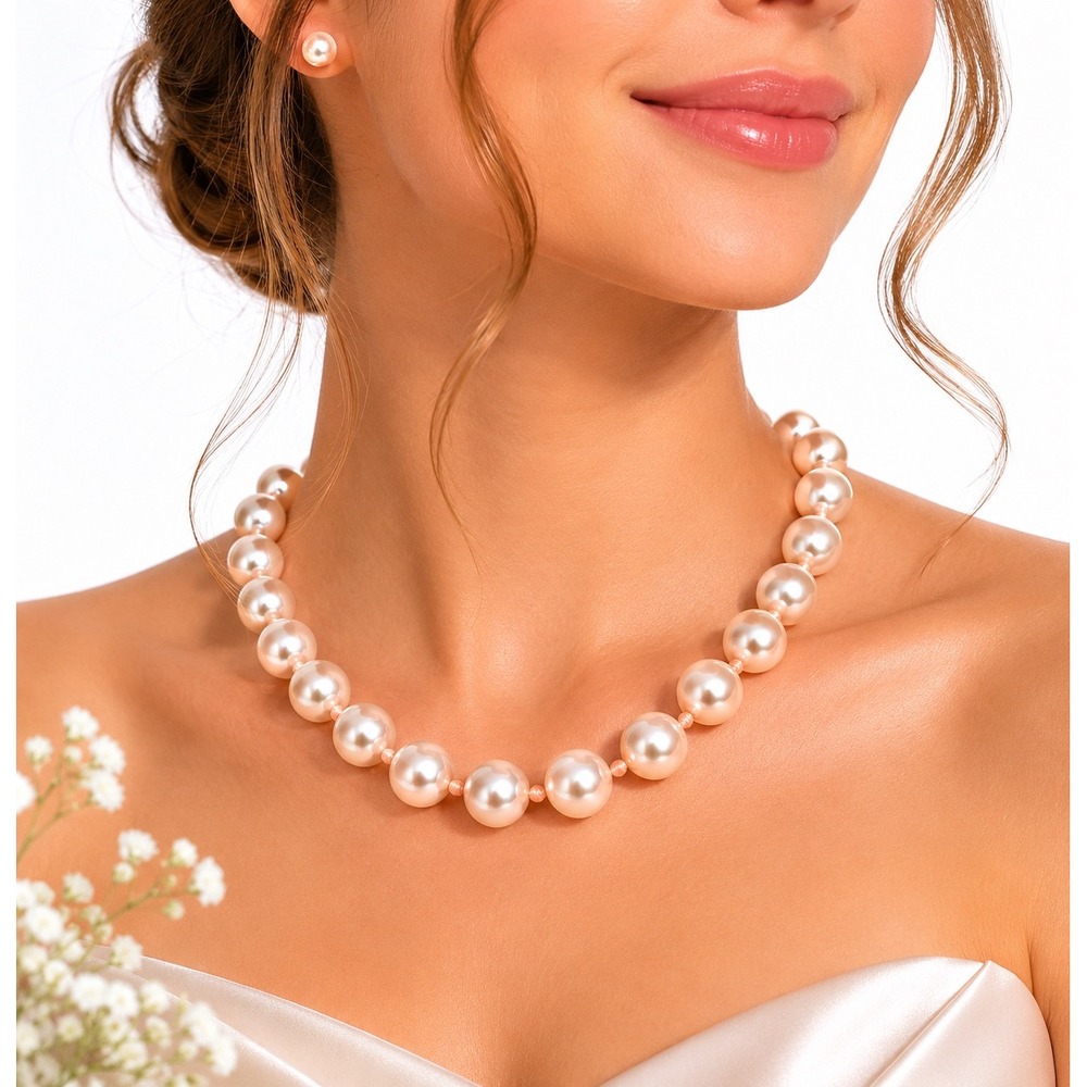 Cream Faux PInk‎ Pearl Strand Necklace Silver Tone Clasp Choker Classy 103-180